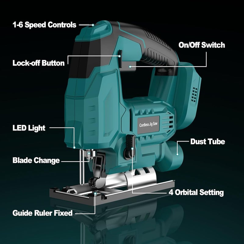 CAMXTOOL Jigsaw, Cordless Jig Saw Tool for Makita 18V Battery, Varible Speed, with LED Light, 0°-45° Bevel Cuts, 3-Position Orbital Jigsaw for Wood/PVC/Metal Cutting (Tool Only) - Image 2